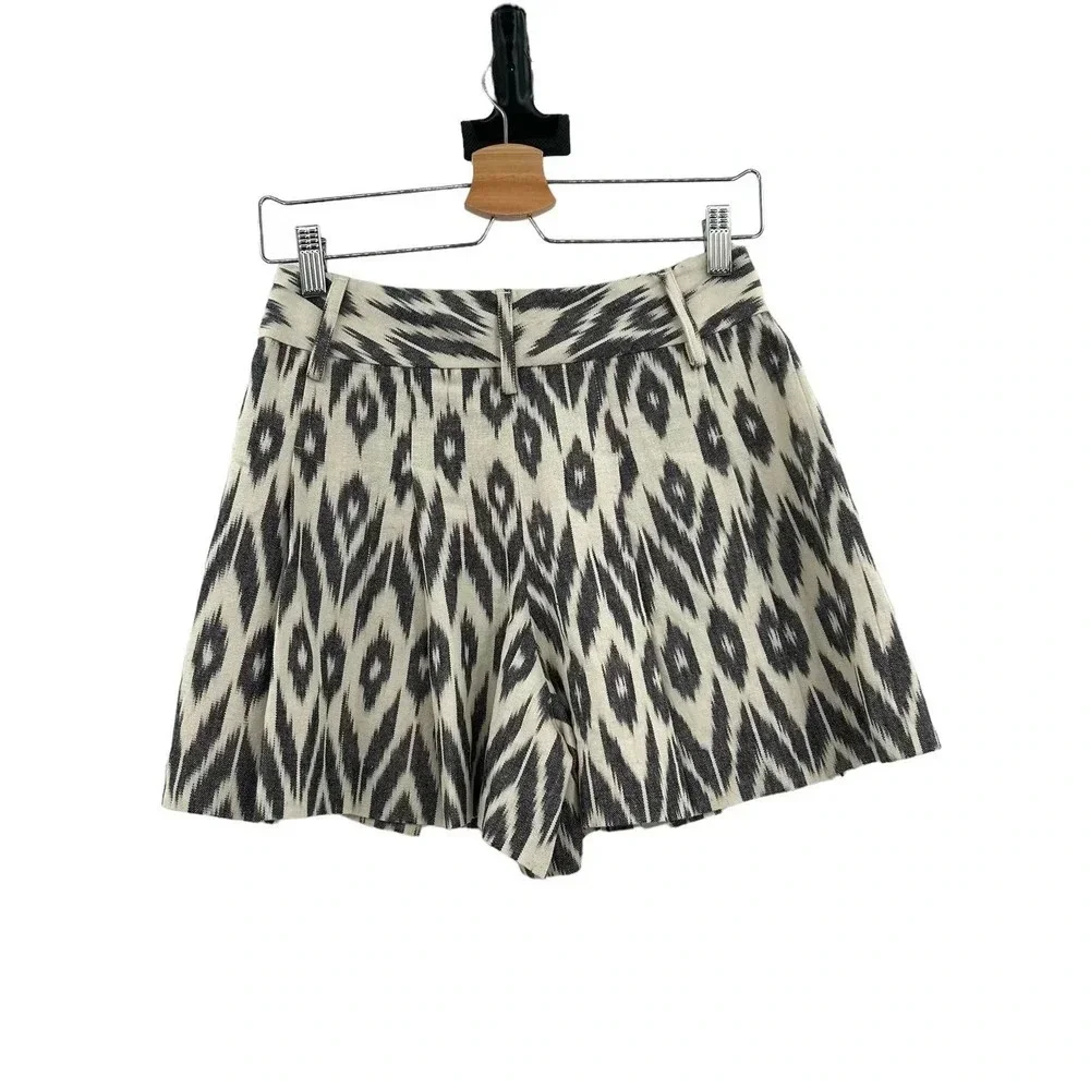 Alice + Olivia Layton Shorts Pleated Woven Cotton Ikat Print‎ Cream Black Size 2